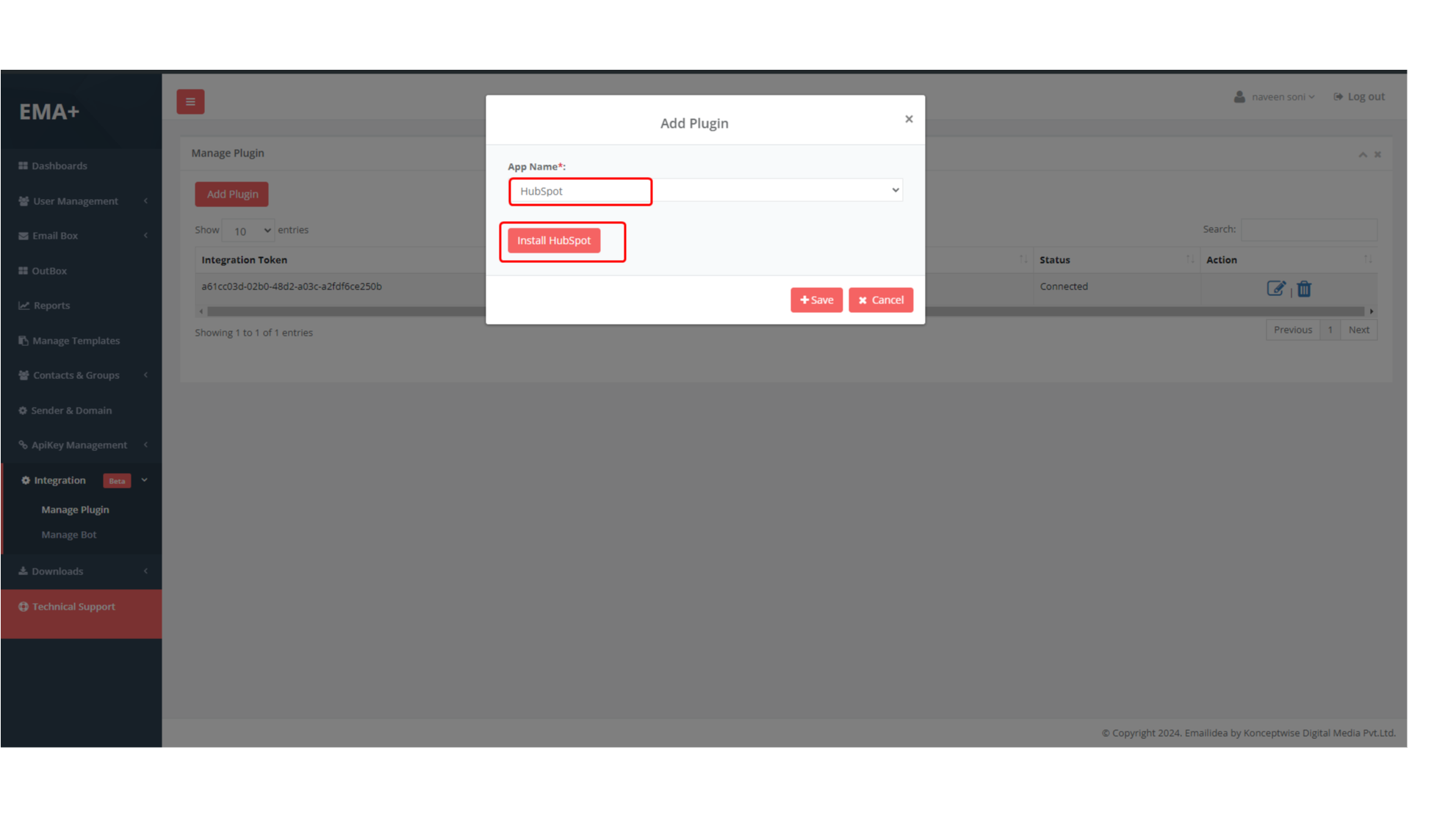 Install the app from our Manage Plugin page in Emailidea